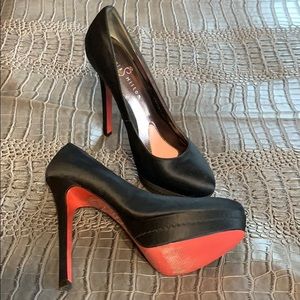 Black satin platform heels. Size 8M